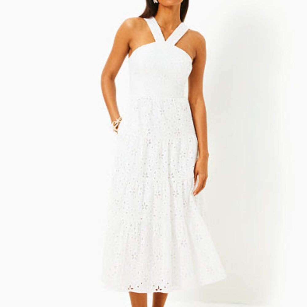 Lilly Pulitzer Jenette Halter Midi Dress Resort White Sealife Eyelet